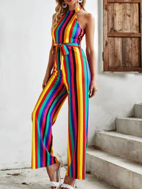 Sexy Striped Belted Sleeveless Halter High Waist Long Women Jumpsuit