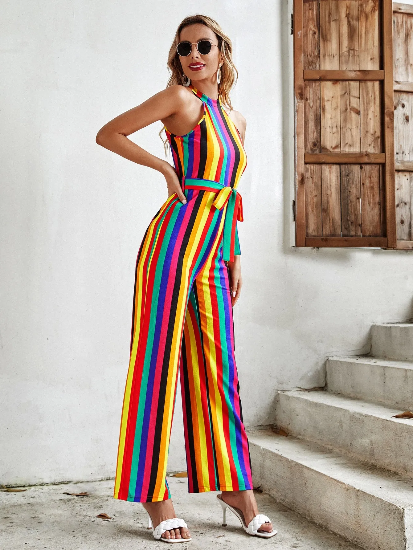 Sexy Striped Belted Sleeveless Halter High Waist Long Women Jumpsuit