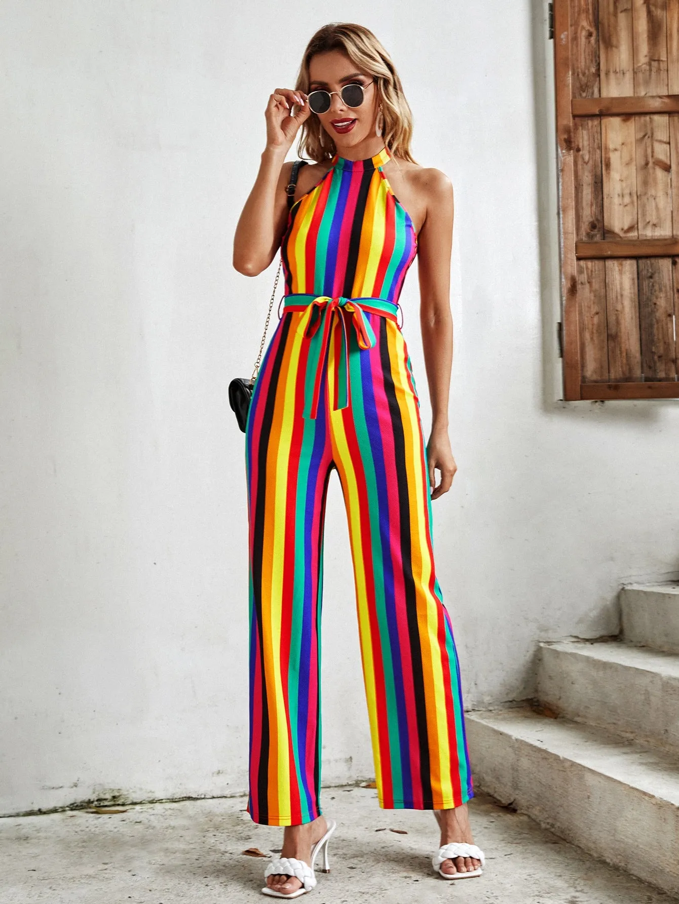 Sexy Striped Belted Sleeveless Halter High Waist Long Women Jumpsuit