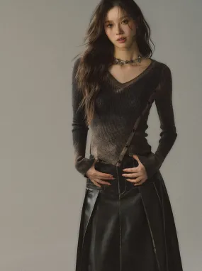 Short Slim V-Neck Button Asymmetrical Osh Top
