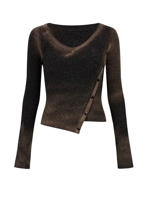 Short Slim V-Neck Button Asymmetrical Osh Top