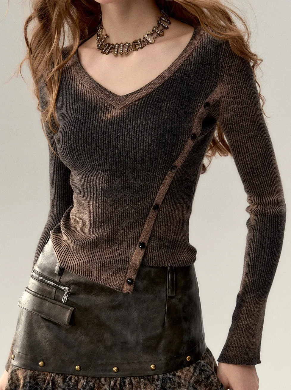 Short Slim V-Neck Button Asymmetrical Osh Top