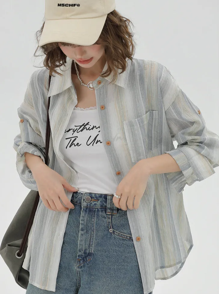 Striped Collar Shirt Loose Contrast