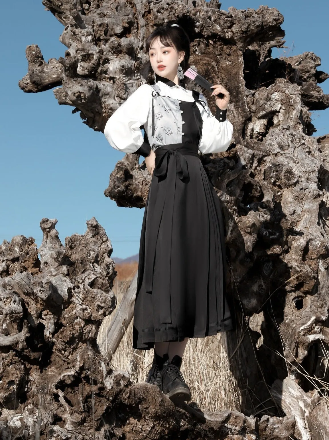 Suspenders Vest China   Blouse Flower Bi-color Asymmetrical Dark
