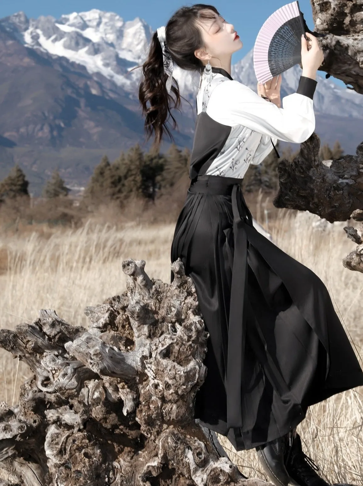 Suspenders Vest China   Blouse Flower Bi-color Asymmetrical Dark