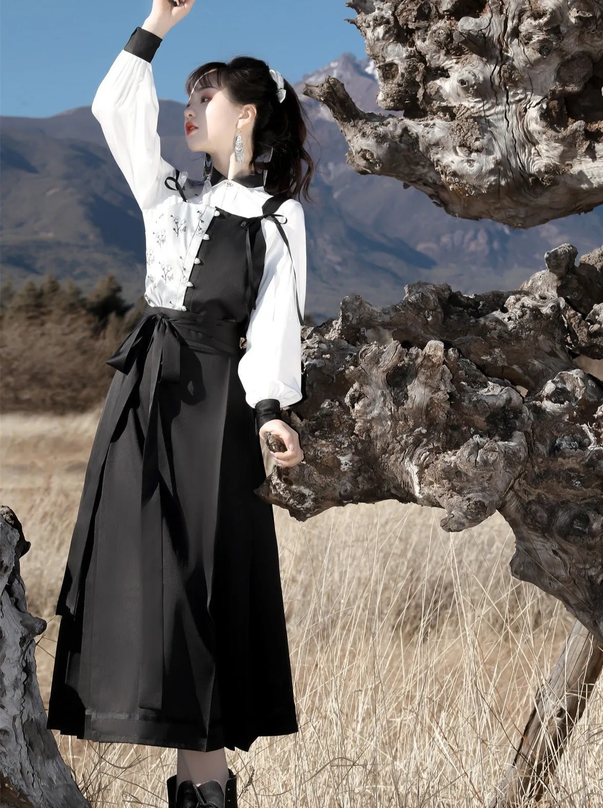 Suspenders Vest China   Blouse Flower Bi-color Asymmetrical Dark
