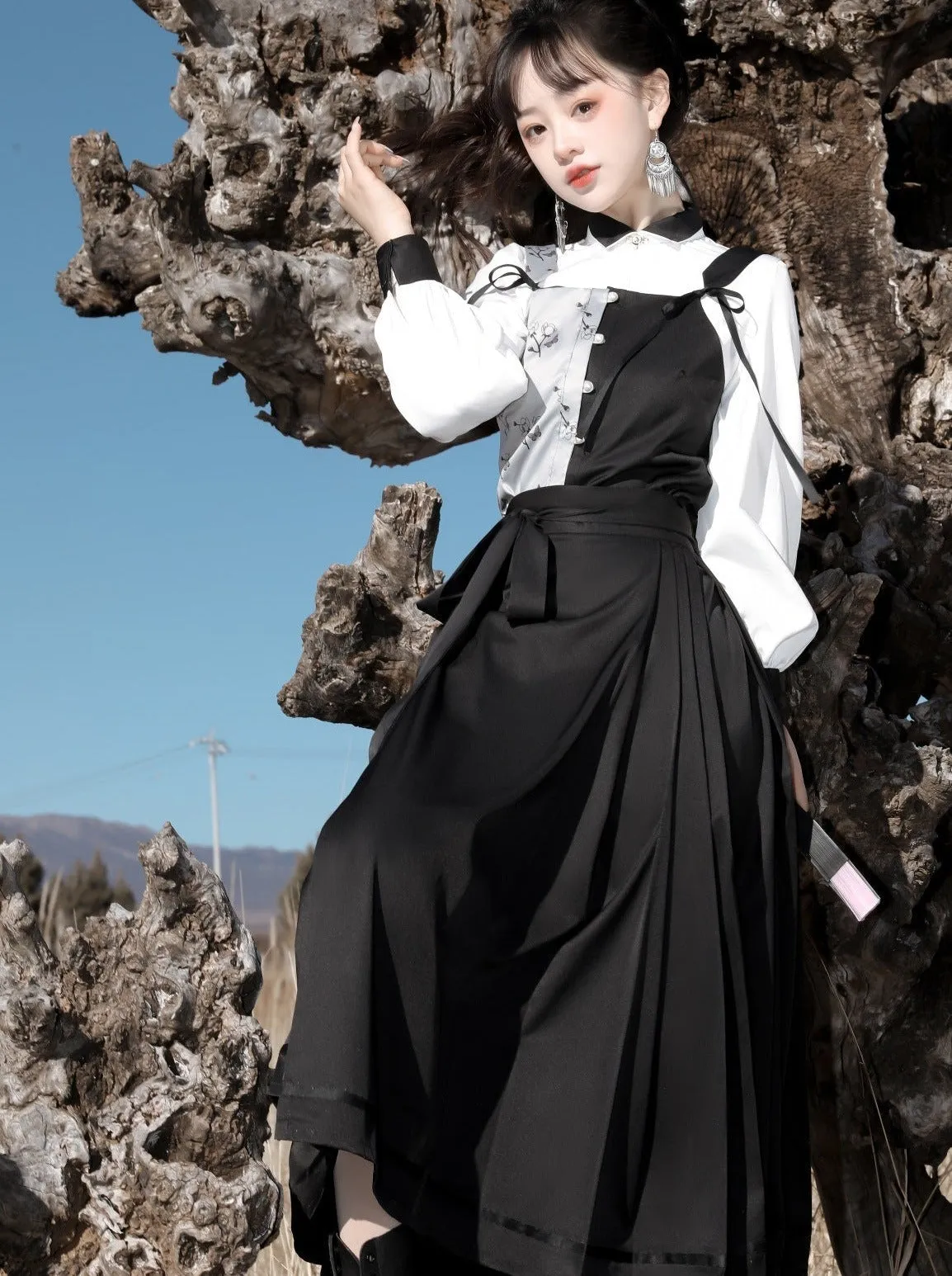 Suspenders Vest China   Blouse Flower Bi-color Asymmetrical Dark