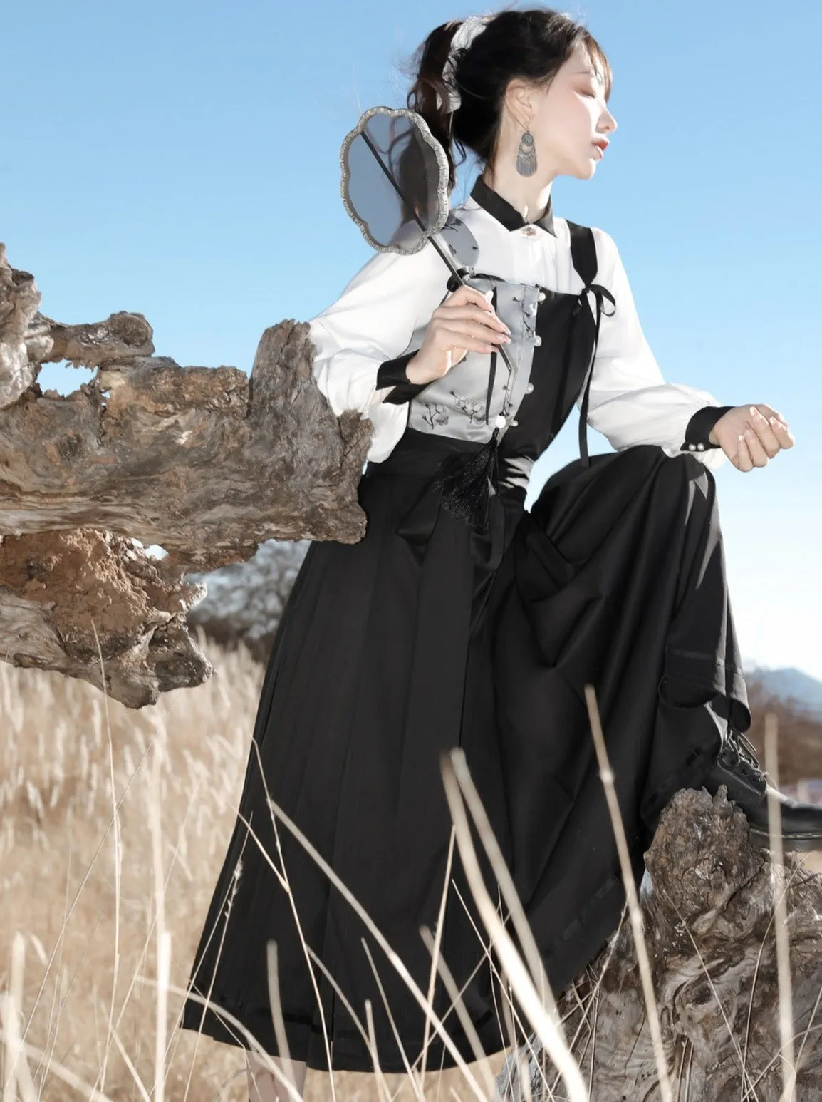 Suspenders Vest China   Blouse Flower Bi-color Asymmetrical Dark