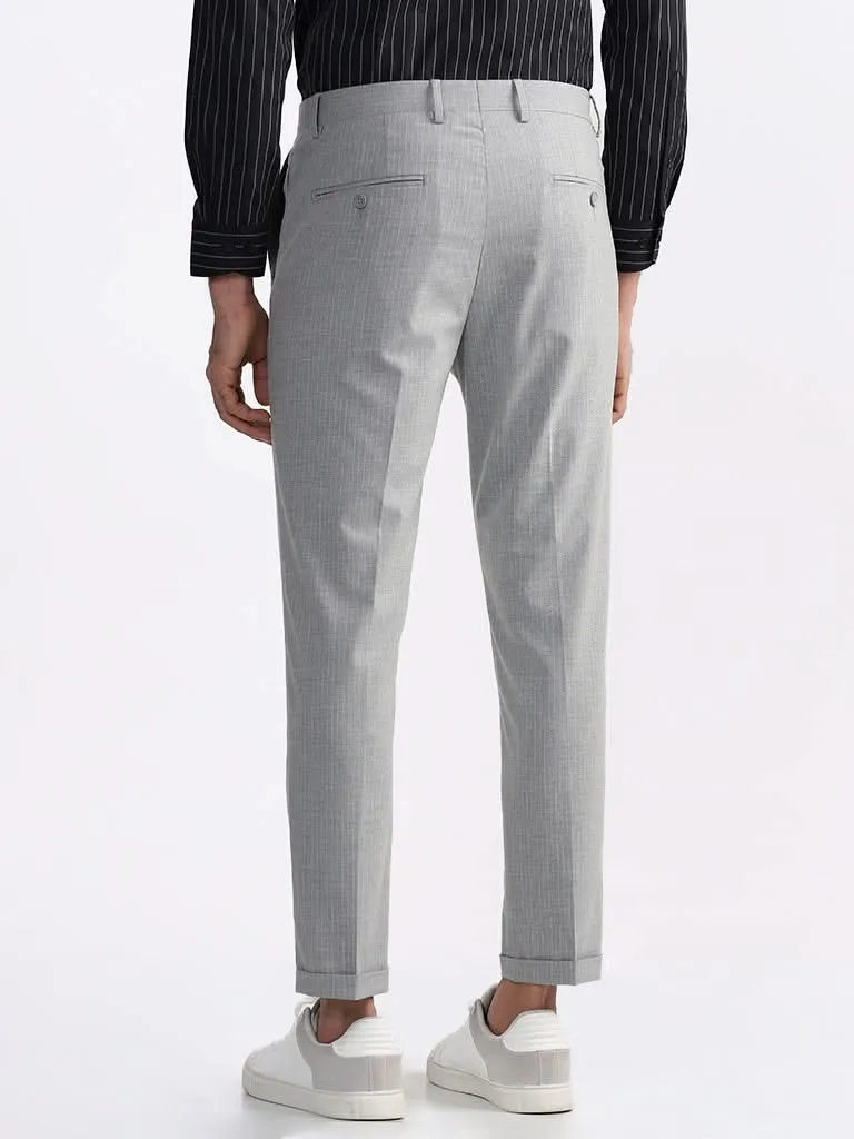 WES Formals Checked Slim-Fit Mid-Rise Light Grey Trousers