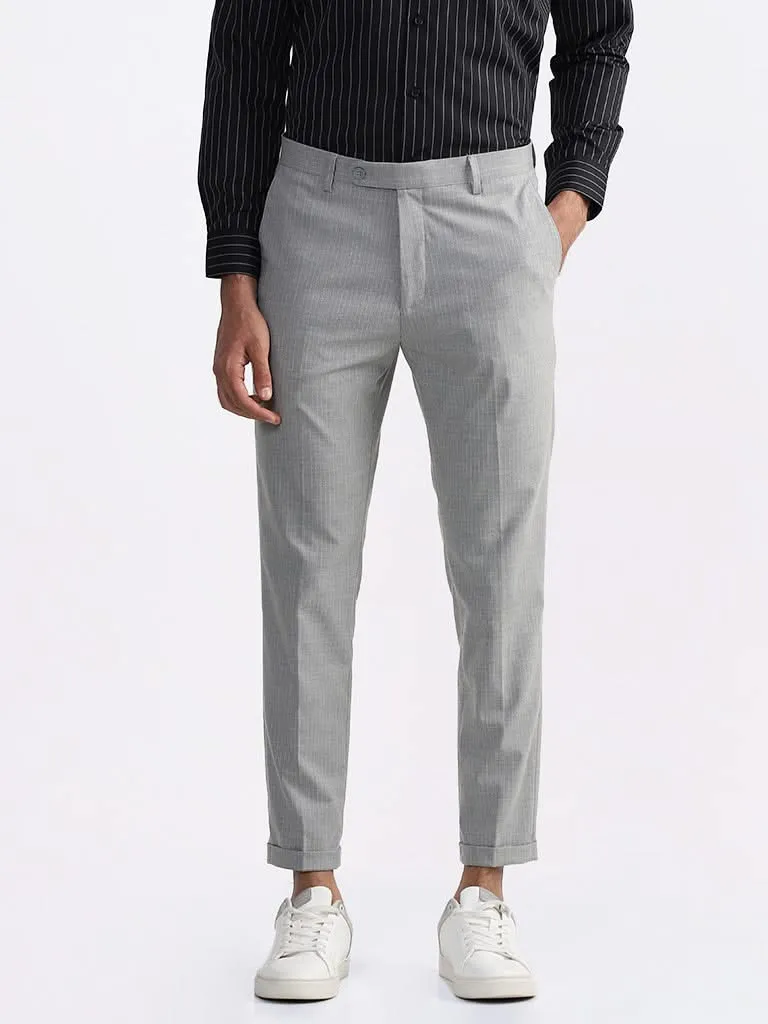 WES Formals Checked Slim-Fit Mid-Rise Light Grey Trousers