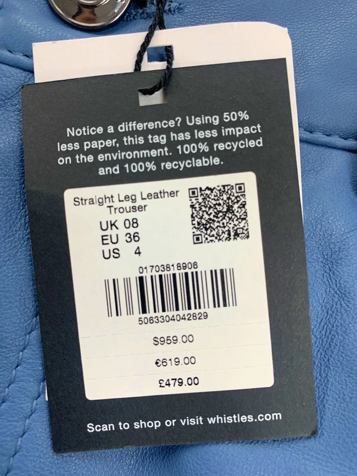Whistles Blue Straight Leg Leather Trouser UK 08
