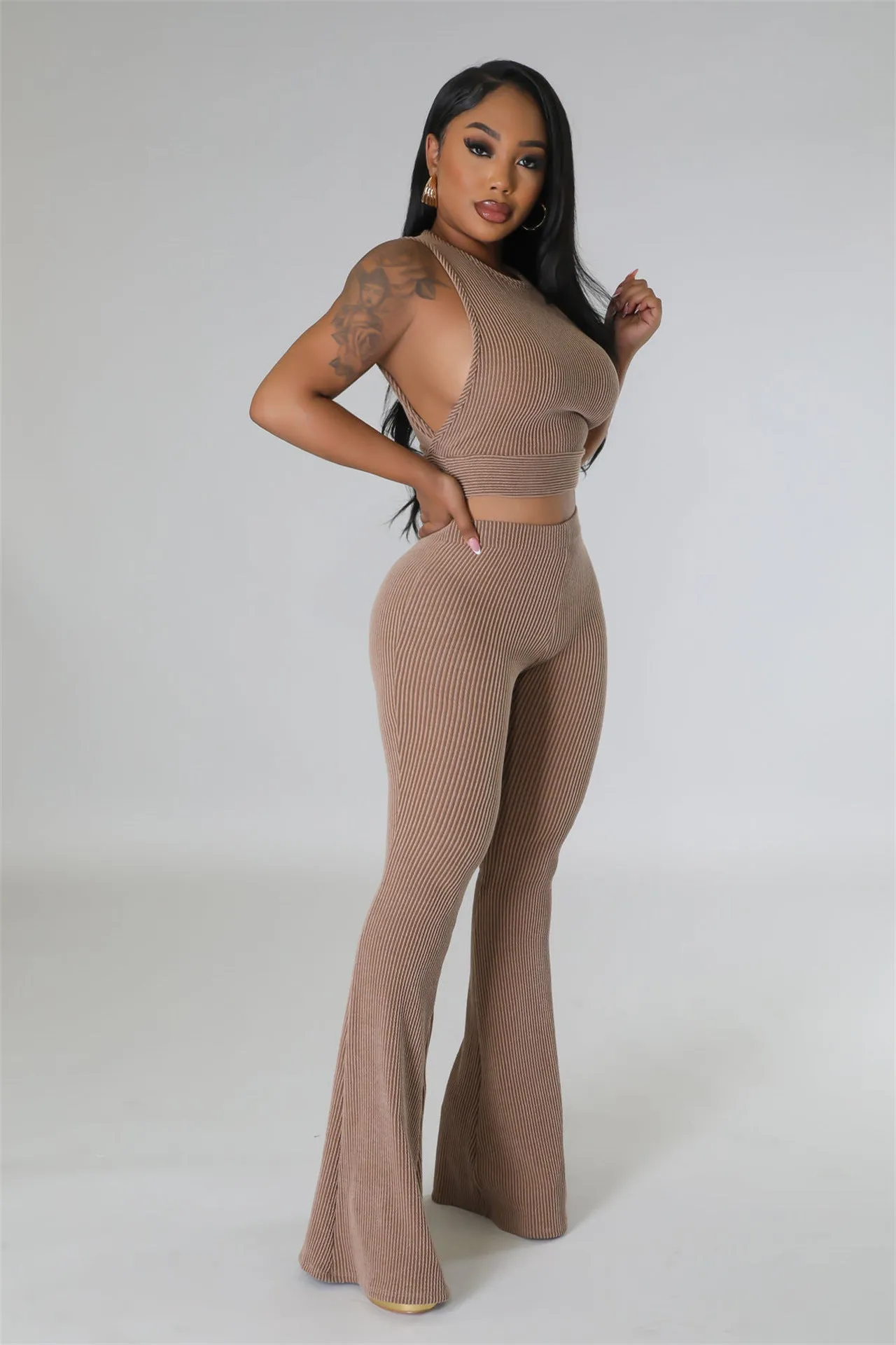 Women Casual Set Solid Color Rib Fabric Sleeveless Bootcut Trousers Two Piece Set
