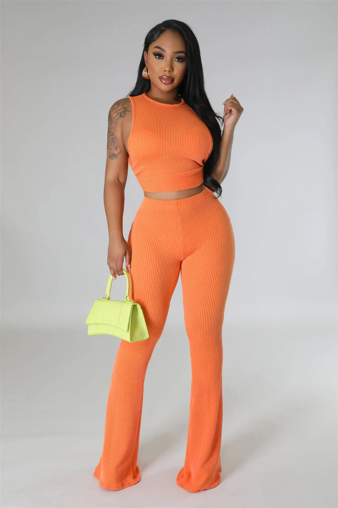 Women Casual Set Solid Color Rib Fabric Sleeveless Bootcut Trousers Two Piece Set