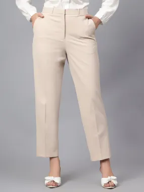 Women's Formal Flat Front Beige Full length High rise Trousers