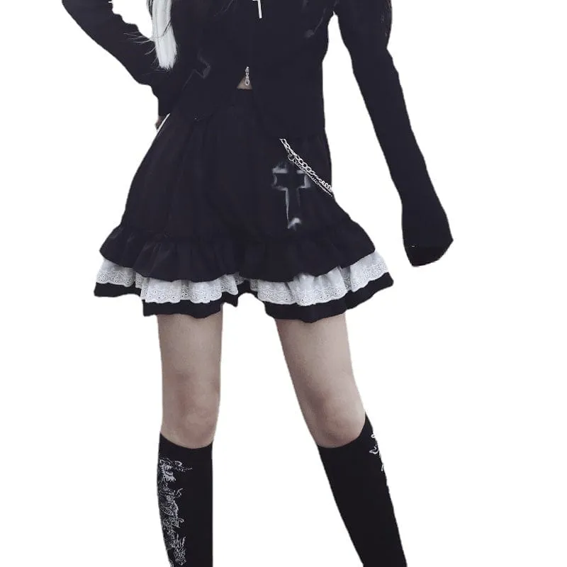 Women's Grunge Cross Printed Layered Black Skirts with Chain