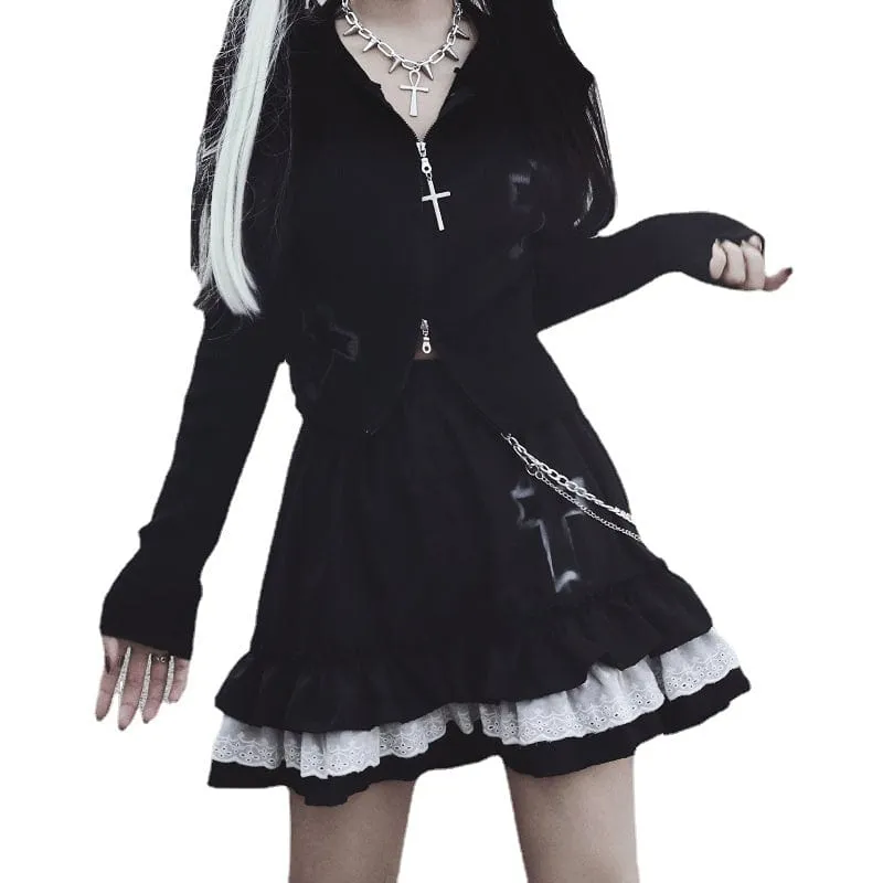 Women's Grunge Cross Printed Layered Black Skirts with Chain