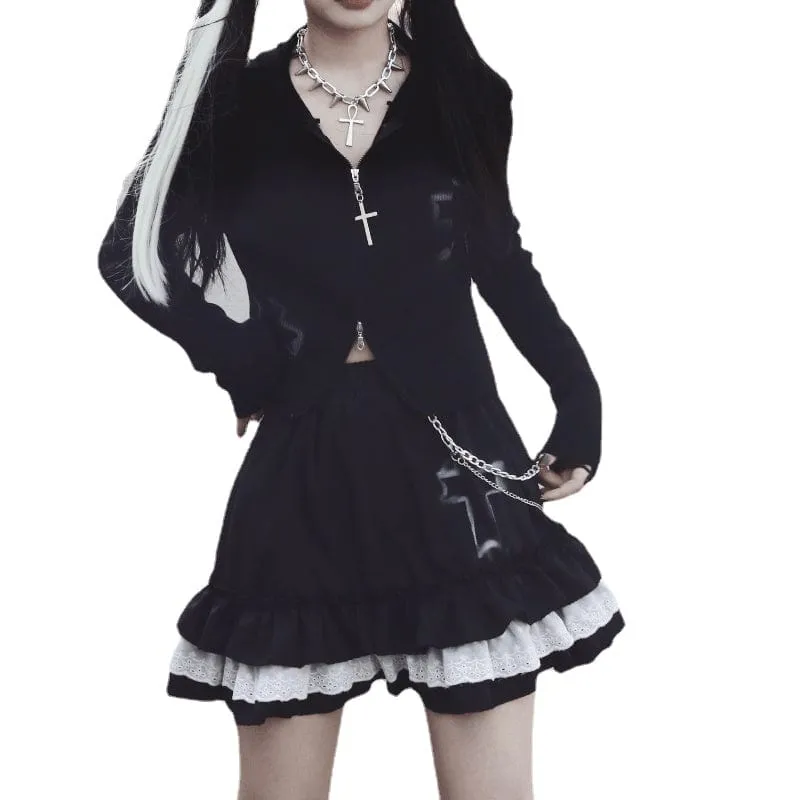 Women's Grunge Cross Printed Layered Black Skirts with Chain