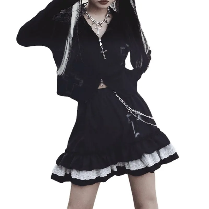 Women's Grunge Cross Printed Layered Black Skirts with Chain