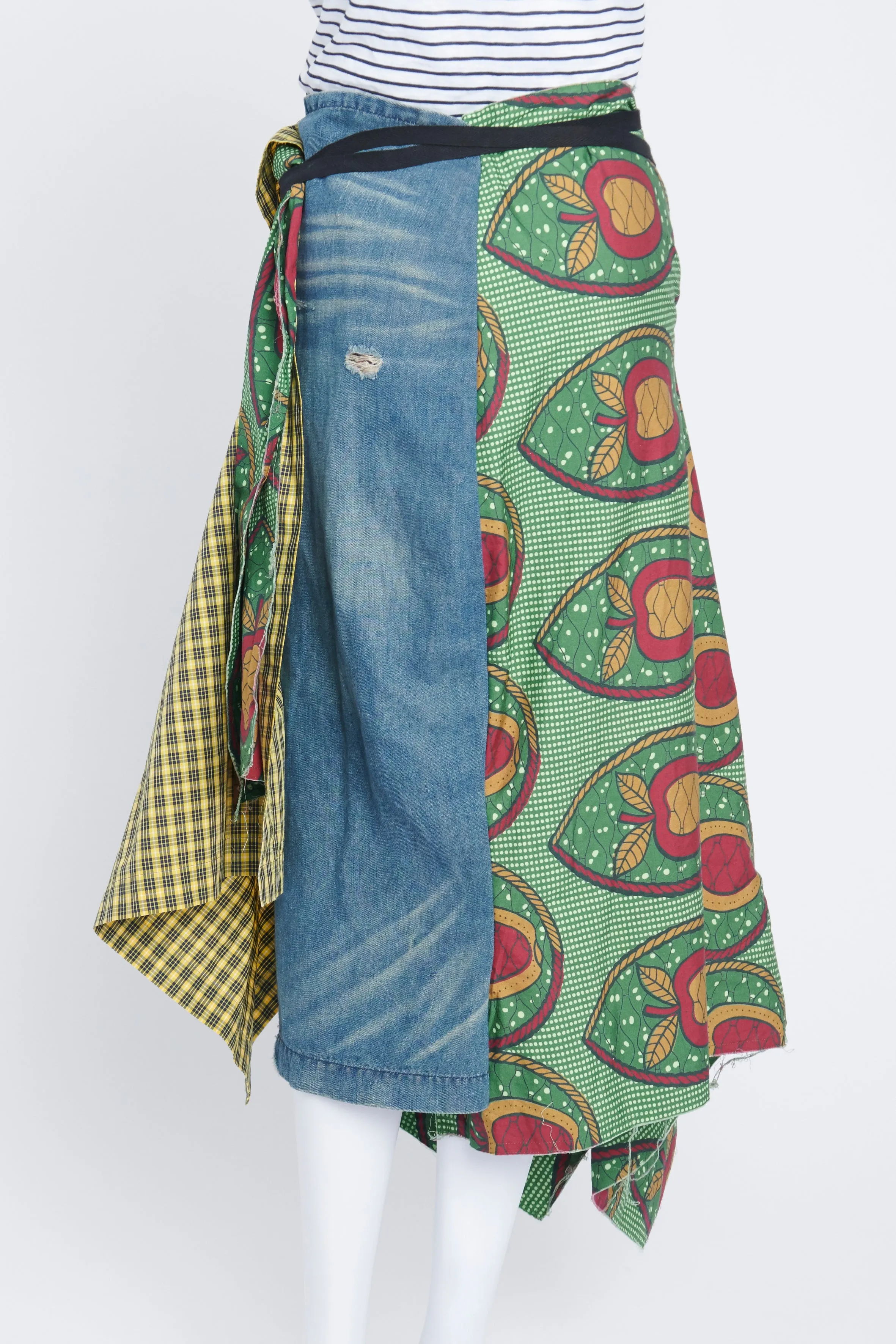 Wrap Layered Denim and Abstract Print Cotton Midi Skirt