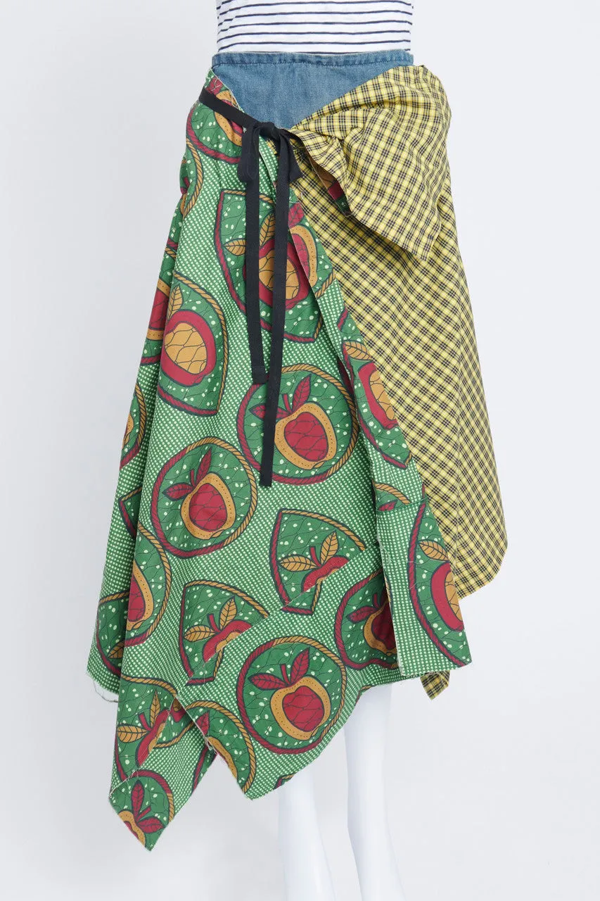 Wrap Layered Denim and Abstract Print Cotton Midi Skirt