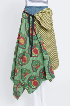 Wrap Layered Denim and Abstract Print Cotton Midi Skirt