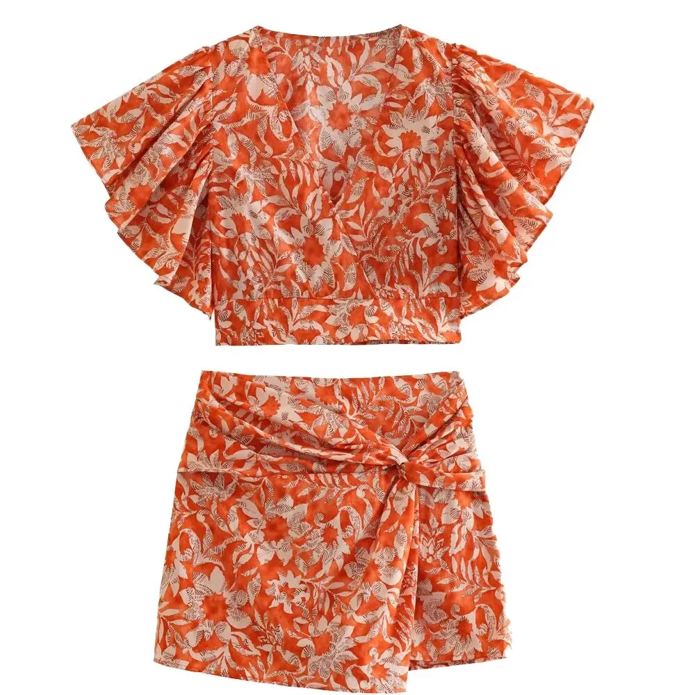 xakxx xakxx - New Women's Sexy Casual Floral Print Bolero Back Elastic Waist Knotted Front Side Zipper Closure Knotted Culottes
